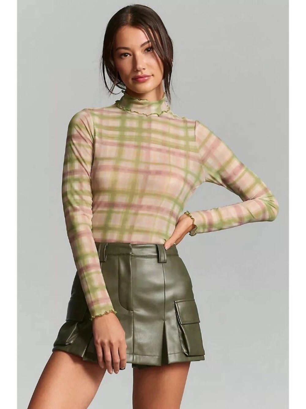 Pilcro Green and Pink Plaid Sheer Mock Neck Top - Picture 5 of 10